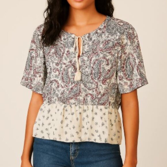 NWT Abercrombie & Fitch | Crop Peasant Paisley Boho Tassel Blouse Top | XS - Picture 1 of 10